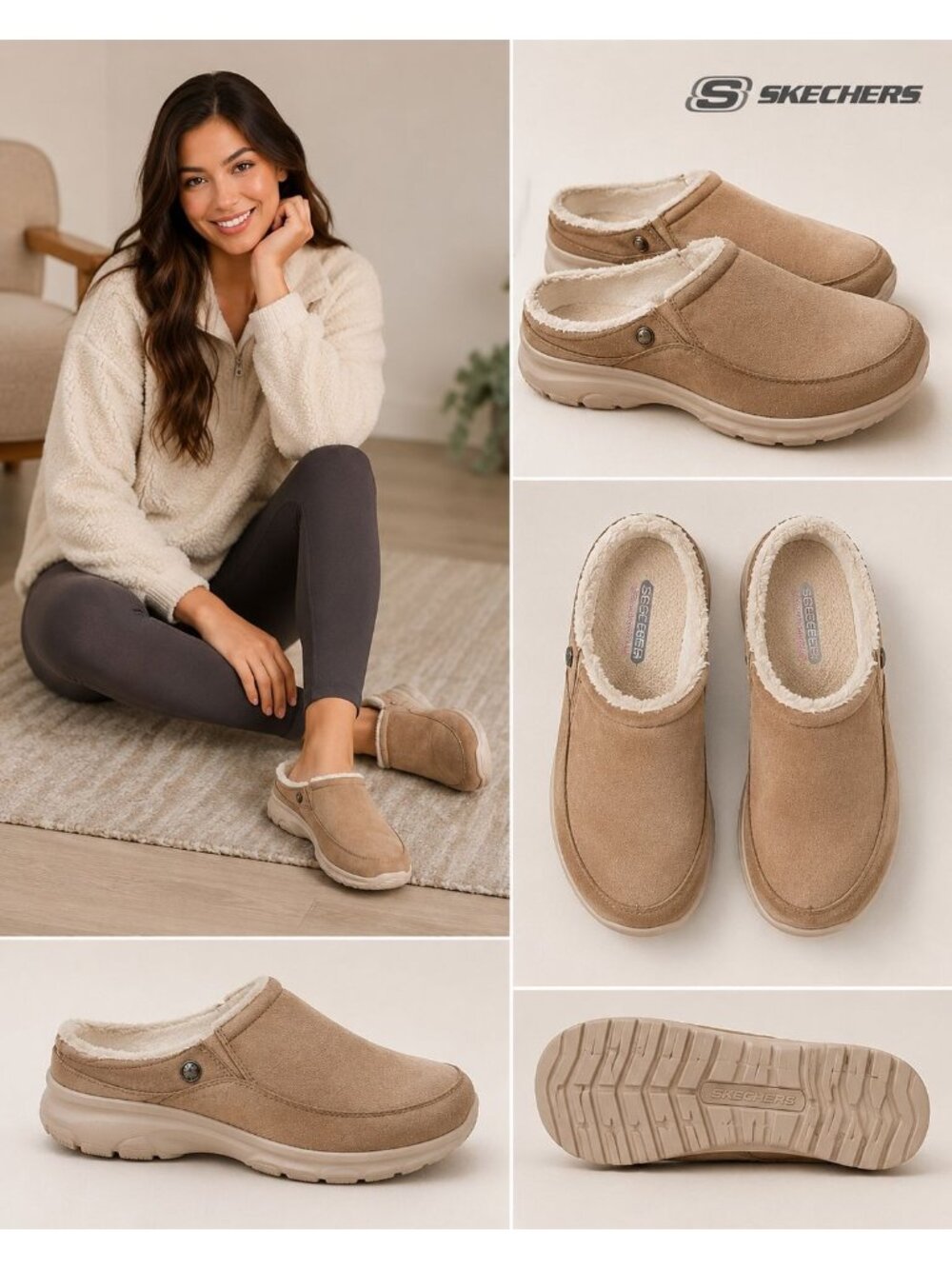 Skechers Slip On Clogs Suede Upper and Plush faux shearling Tan Size 9